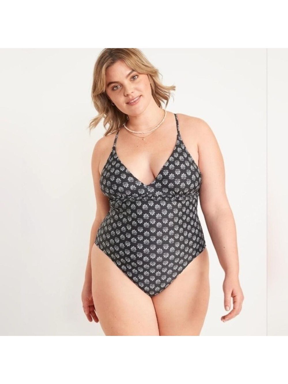 Old Navy Floral Print Deep V-Neck Criss-Cross Straps One Piece Swimsuit